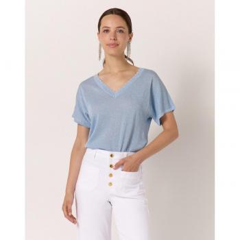 Naf Naf Jersey de mujer de manga corta con cuello pico y acabado en ondas