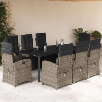 9-Piece Grey Poly Rattan Garden Dining Set with Cushions