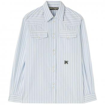 Palm Angels Men's Blue And Striped Sleeve Shirt in White | Size 48 | PMGE028R24FAB002