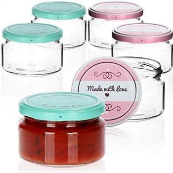 com-four® 6x Tarros de Cristal para Conservas con Tapa de RoscaMade with love en Verde y Rosa - TO Ø 82 mm - aprox. 200 ml