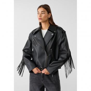 Oversize Black Faux Leather Fringe Jacket M