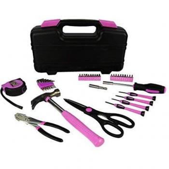 Kit de herramientas rosa 38 piezas con martillo, alicates y destornilladores en caja de transporte resistente