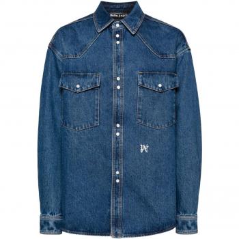 Palm Angels Men's Monogram Denim Shirt in Blue | Size Medium | PMYD023R24DEN002