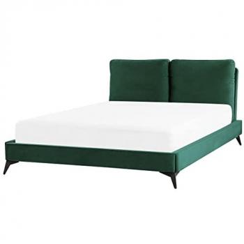 Cama Doble Europea de Terciopelo Verde Esmeralda 140x200 cm con Cabecera Acolchada y Listones Melle