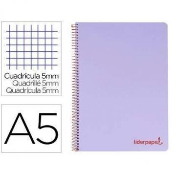 Cuaderno espiral liderpapel A5 micro wonder tapa plastico 120h 90g cuadro 5mm 5 bandas 6 taladros color violeta.