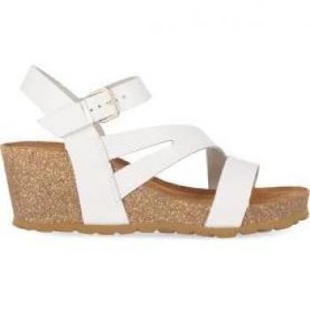 Chika10 Sandalia de Cuña Blanco/White con Cierre de Hebilla y Detalles en Piel