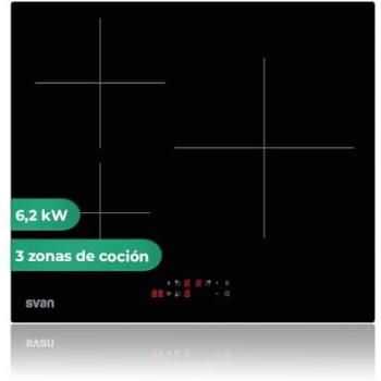 Placa de Inducción SVAN SI3602B 6200W, 3 Zonas de Cocción, 9 Niveles, Control Táctil y Seguridad