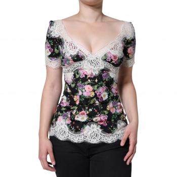 Multicolor Black Floral Lace Short Sleeve Blouse - Size XS