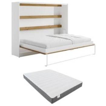Cama abatible 140 x 200 cm - Apertura horizontal manual - Con LEDs - Blanco y Natural + Colchón RAPILI