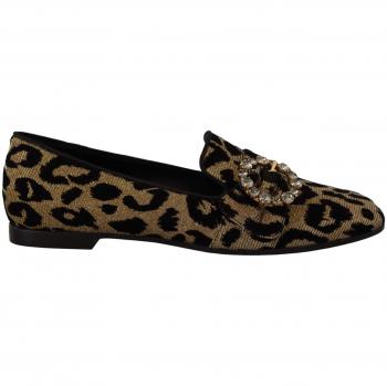 Dolce & Gabbana Gold Leopard Print Crystals Loafers Shoes - Female, Brown, Size: EU36.5/US6 (6 1/2 US)