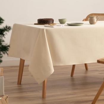 Mantel navideño rectangular jacquard liso crudo 140x300 cm con hilo dorado decoración festiva