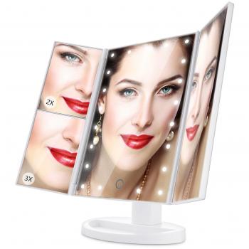 ISASSY Espejo de Maquillaje, Espejo de Maquillaje Espejo de Tres Pliegues Ajustable 180 ° con 21 luces LED Maquillaje Espejo de Maquillaje 1X / 2X / 3X, perfecto Regalo para Mujeres