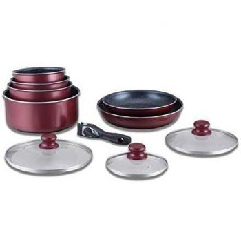 Batería de cocina Herzberg de 10 piezas con recubrimiento de piedra y mango desmontable color burdeos