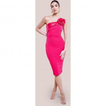Goddiva Satin Corsage Scuba Crepe Midi Dress - Magenta - Size 14 UK
