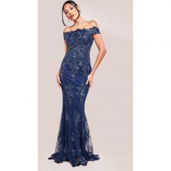 Goddiva Bardot Sequin Embroidered Maxi Dress - Navy