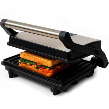 Mini grill eléctrico 1000W - Acero inoxidable, apertura 180° y antiadherente