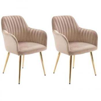 Lote de 2 sillas con brazos de terciopelo beige y estructura de metal dorado - ELEANA