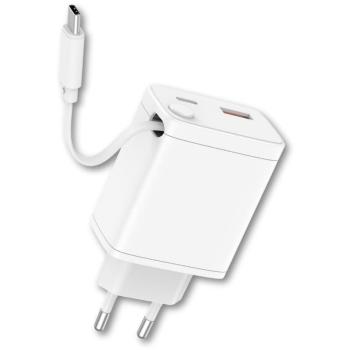 Cargador Qcharx Juno 20W 3A Doble USB y Tipo C con Cable Blanco Incorporado