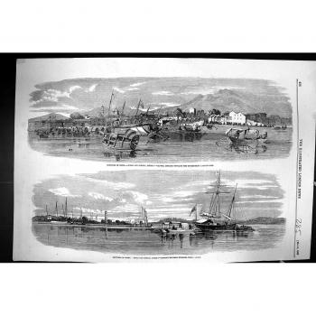 La Impresión Antigua del Aterrizaje-Embarcadero 1858 del Gobierno del Cantón de la Opinión de China Whampoa Envía los Barcos