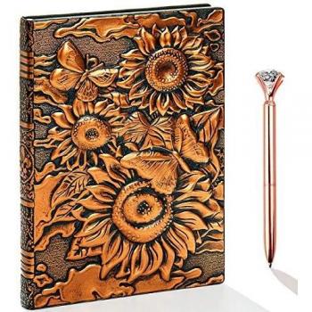 Diario de piel en relieve vintage con juego de bolígrafos dorados,A5,hecho a mano,cuaderno de bocetos, diario de viaje y cuaderno para escribir, regalo para mujeres y hombres