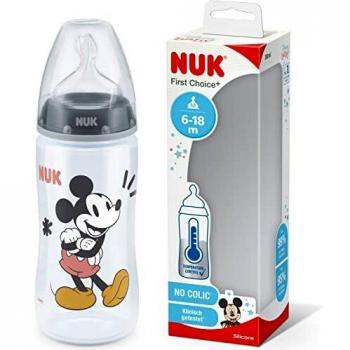 NUK First Choice+ Disney Mickey Mouse 300ml Baby Bottle with Temperature Control, Grey