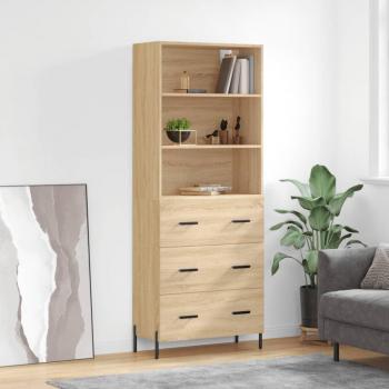 Aparador alto de madera contrachapada color roble 69,5x34x180 cm con 3 cajones, mueble de almacenaje para salón, buffet y armario auxiliar