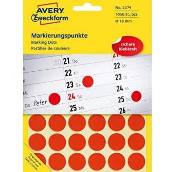 Etiquetas de Marcado Avery Zweckform 3374, Diámetro 18 mm, Color Rojo, 1056 Unidades