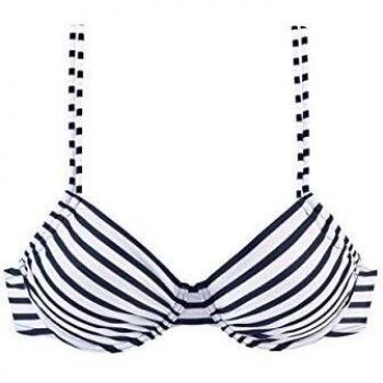 Top de bikini con aros 'Summer' para mujer, blanco y navy a rayas, copas moldeadas, talla 44D