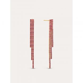 Pendientes Largos Singularu Riviere Triple Pink Baño Oro 18K con Circonitas Rosas