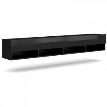 Mueble TV suspendido moderno 200 cm, 2 puertas, estratificado negro y brillante