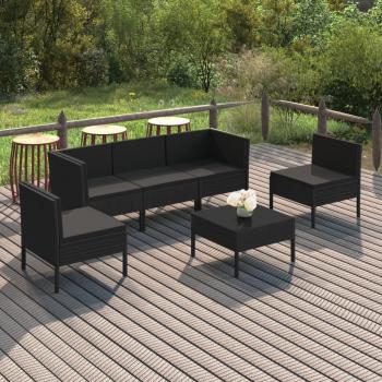 6-Piece Black Poly Rattan Garden Lounge Set with Cushions