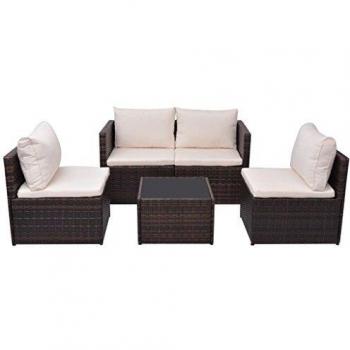5-Piece Brown Poly Rattan Garden Sofa Set with Cushions
