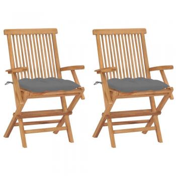 Teak Garden Chairs Set with Grey Cushions - 2 pcs Solid Wood