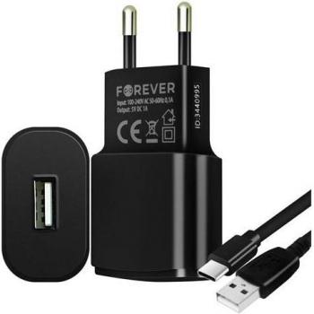 Cargador 1A Carga Segura + Cable USB Tipo C 1.2m Negro