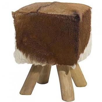 Taburete reposapiés de piel de cordero natural con estampado animal y patas de madera Dalton