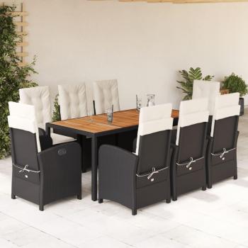 9-Piece Black Poly Rattan Garden Dining Set with Cushions