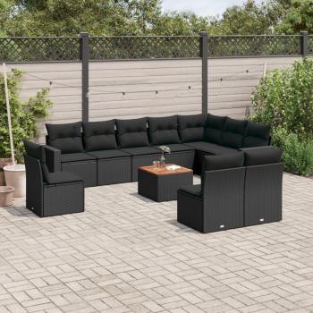 Set de sofás de jardín 11 pzas con cojines de ratán sintético negro