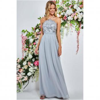 Goddiva Lace Halter Neck Chiffon Skirt Dress - Grey - Size 8 UK