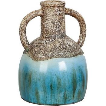 Jarrón terracota con 2 asas, color azul y marrón, dimensiones 13 x 40 x 13 cm
