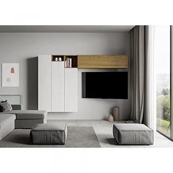 Sistema de pared moderna Isoka en madera, 268 cm de largo y 39,5 cm de profundidad, color blanco y nogal