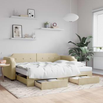 Sofá cama nido extraíble con orugas y cajones en tela color crema 80x200 cm