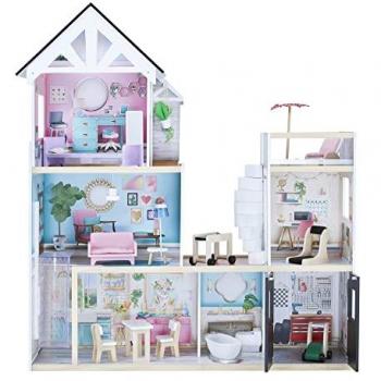 Olivia's Little World by Teamson Kids 3-Story Dreamland Dollhouse with Elevator - multi colour, large wooden dollhouse, 3 floors, includes 18 accessories, interactive features including lift and garage