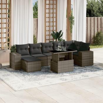 8-Piece Grey Poly Rattan Garden Sofa Set with Cushions