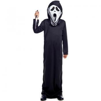 Disfraz de Asesino Enmascarado para niños - Incluye máscara, capa negra, guantes y detalles en rojo, disponible en tallas S, M y L