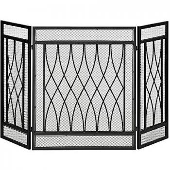 HOMCOM Salvachispas Plegable Pantalla Protectora de Chimenea 3 Paneles con Bisagras y Estructura de Metal Decorativa 126x3x80 cm Negro