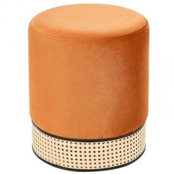 Puf Glamour Naranja Tapizado en Terciopelo con Tejido de Ratán y Diseño Anillo - Yankton