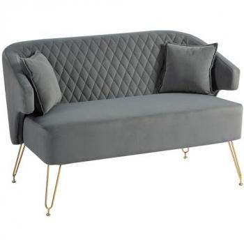 Sofá Doble Tapizado en Terciopelo Gris con Almohadas y Reposabrazos - 124x69x76 cm - Carga 240 kg