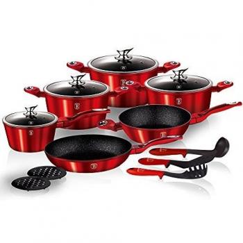 Juego de Batería de Cocina Berlinger Haus 15 Piezas Línea Metálica Roja con Superficie de Mármol