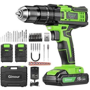Taladro Atornillador 18V, Ginour Taladro Percutor a Batería 45N.m, 66PCS Accesorios, 2 Baterías Litio de 2.0Ah, 20+3 Ajuste de par, 1H Carga Rápida, para Atornillar, Perforar y Taladrar