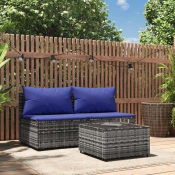 3 Piece Grey Poly Rattan Garden Lounge Set with Cushions